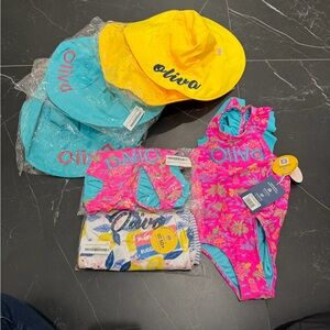 Ruffle Butts Girls One Piece Swimsuit and Hats - Pink, Turquoise, Yellow